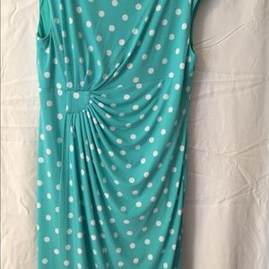 Aqua with white polka dots, ruched in the front